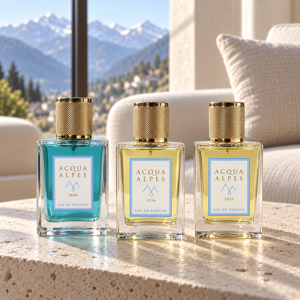 ACQUA ALPES 2828 m · Pirchkogel · Eau de Toilette, 2334 m · Hafelekar · Eau de Parfum and 2221 m · Seefelder Spitze · Eau de Parfum on a pale stone table in an Alpine salon